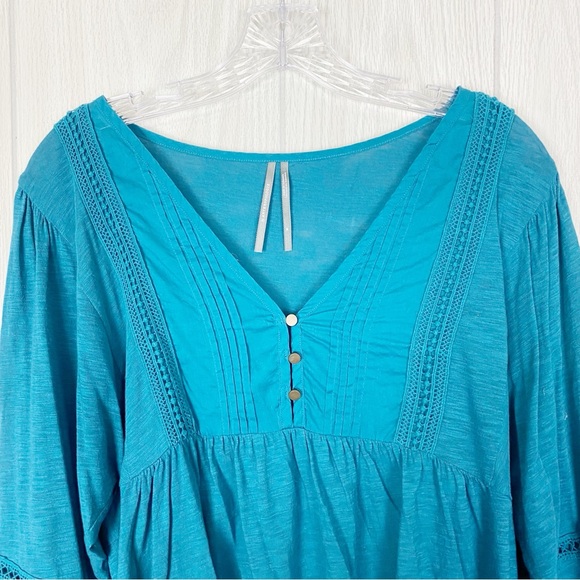 Anthropologie | Kaye Pintucked Babydoll Bell Sleeve Top Blouse Teal Size Medium - Picture 6 of 14